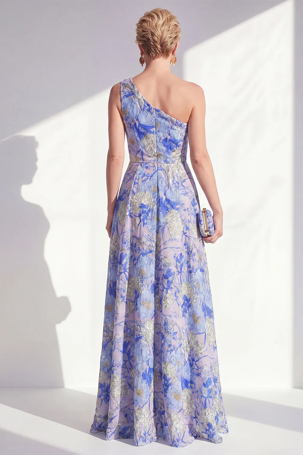 One Shoulder Blue Floral Mother of the Bride Dress with Slit sold by Wedtrend product image thumbnail 2