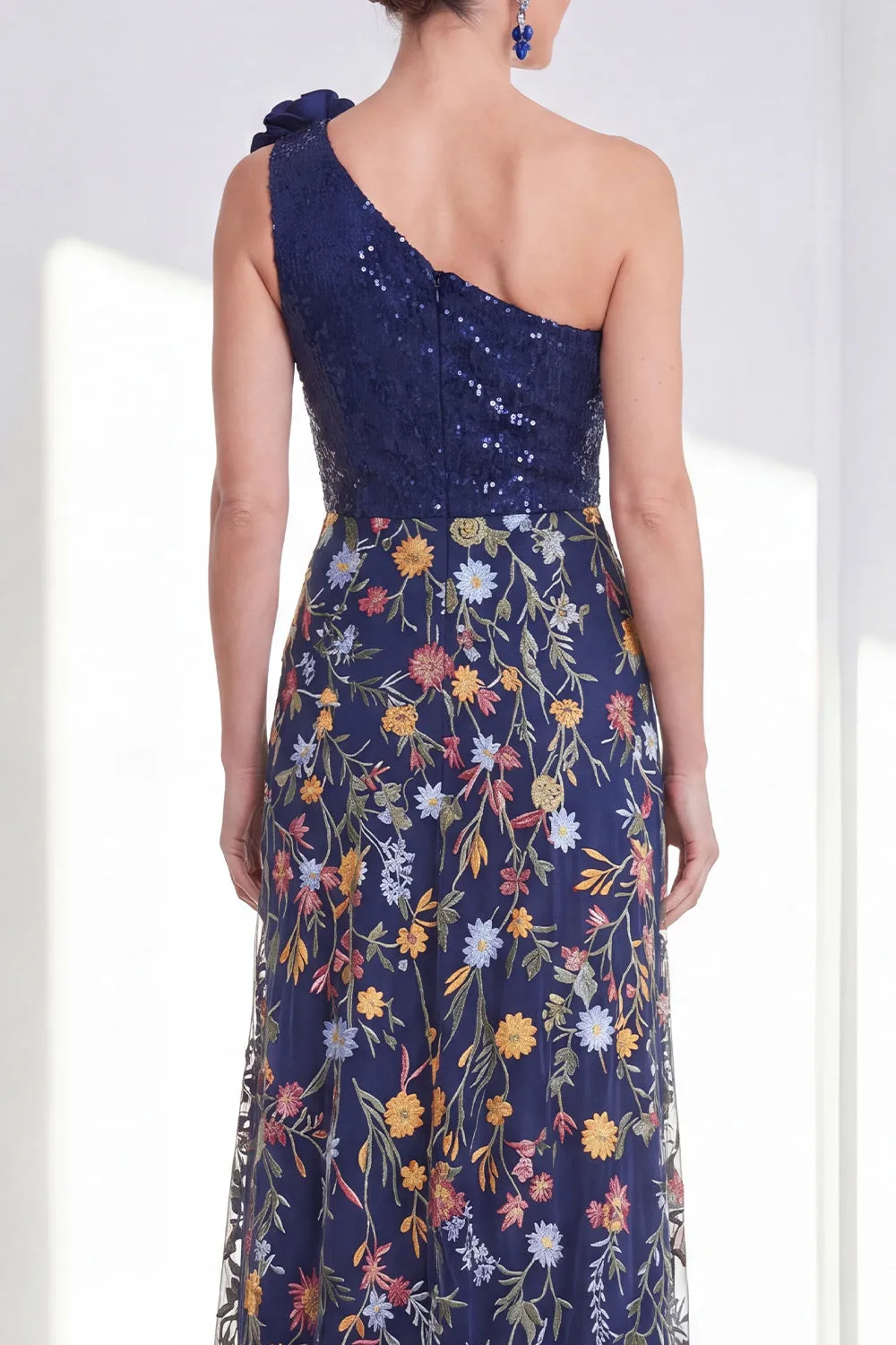 One Shoulder Sequin Embroidered Navy Mother of the Bride Dress with Slit sold by Wedtrend product image thumbnail 4