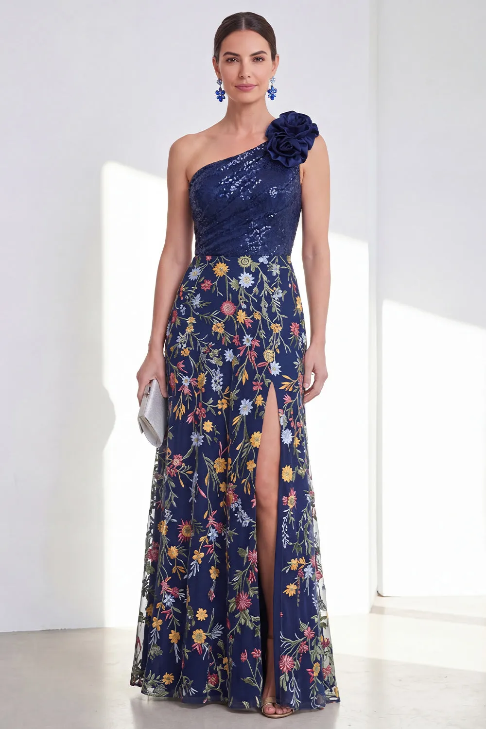 One Shoulder Sequin Embroidered Navy Mother of the Bride Dress with Slit sold by Wedtrend