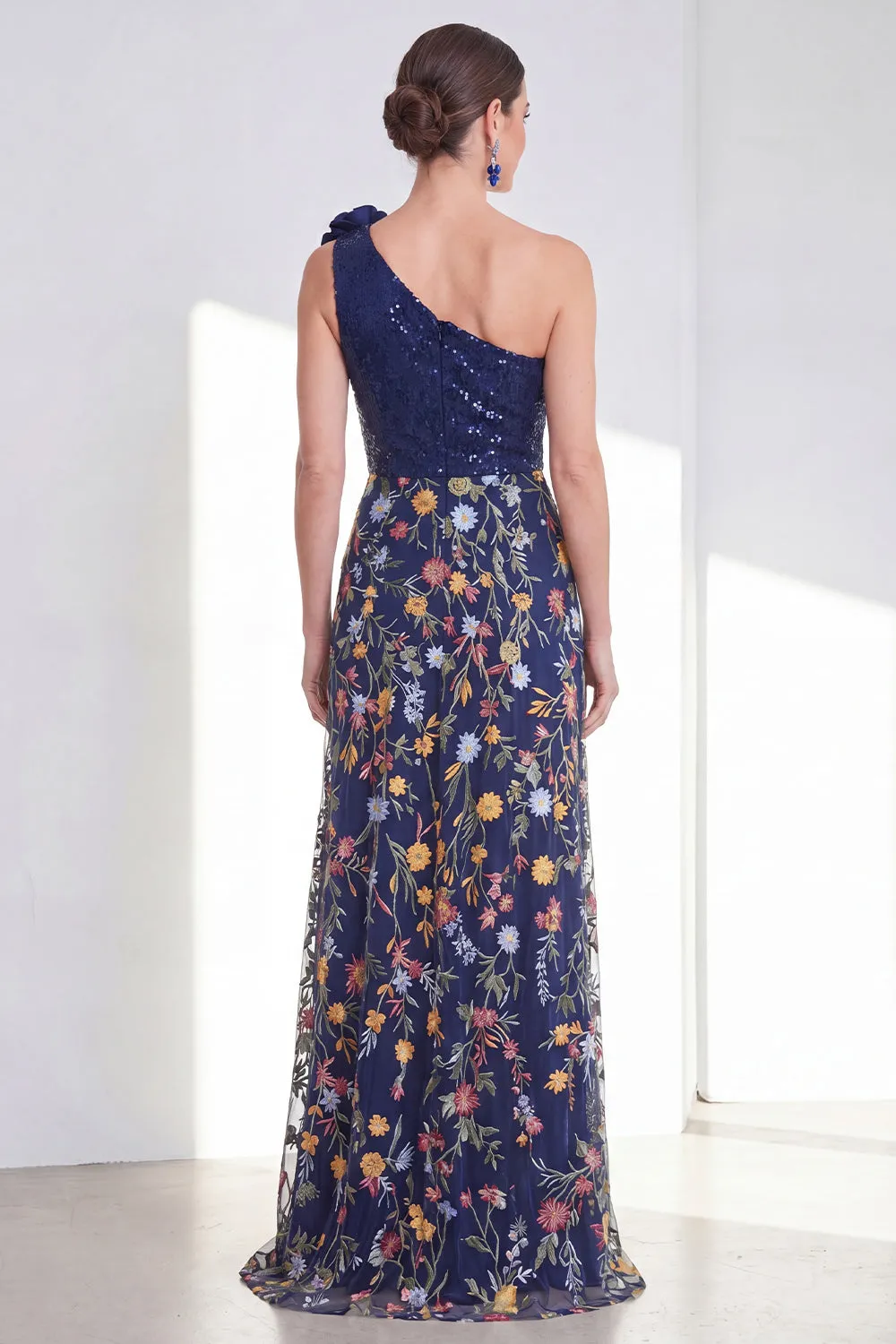 One Shoulder Sequin Embroidered Navy Mother of the Bride Dress with Slit sold by Wedtrend product image thumbnail 2