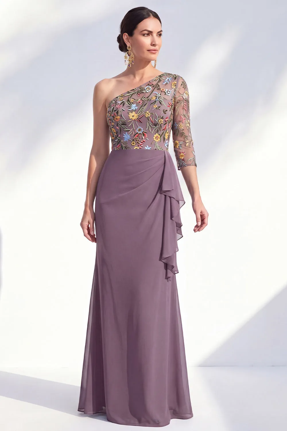 Grey Purple Floral One Shoulder Mother of the Bride Dress sold by Wedtrend