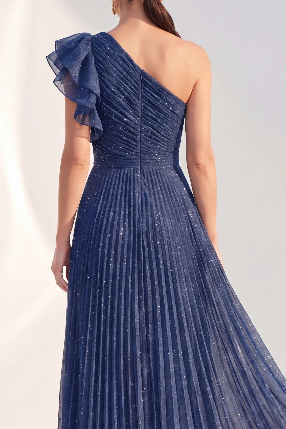 Glitter One Shoulder Pleated Navy Mother of the Bride Dress sold by Wedtrend product image thumbnail 4