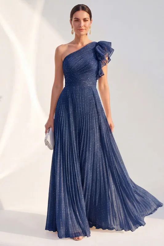 Glitter One Shoulder Pleated Navy Mother of the Bride Dress made by Wedtrend