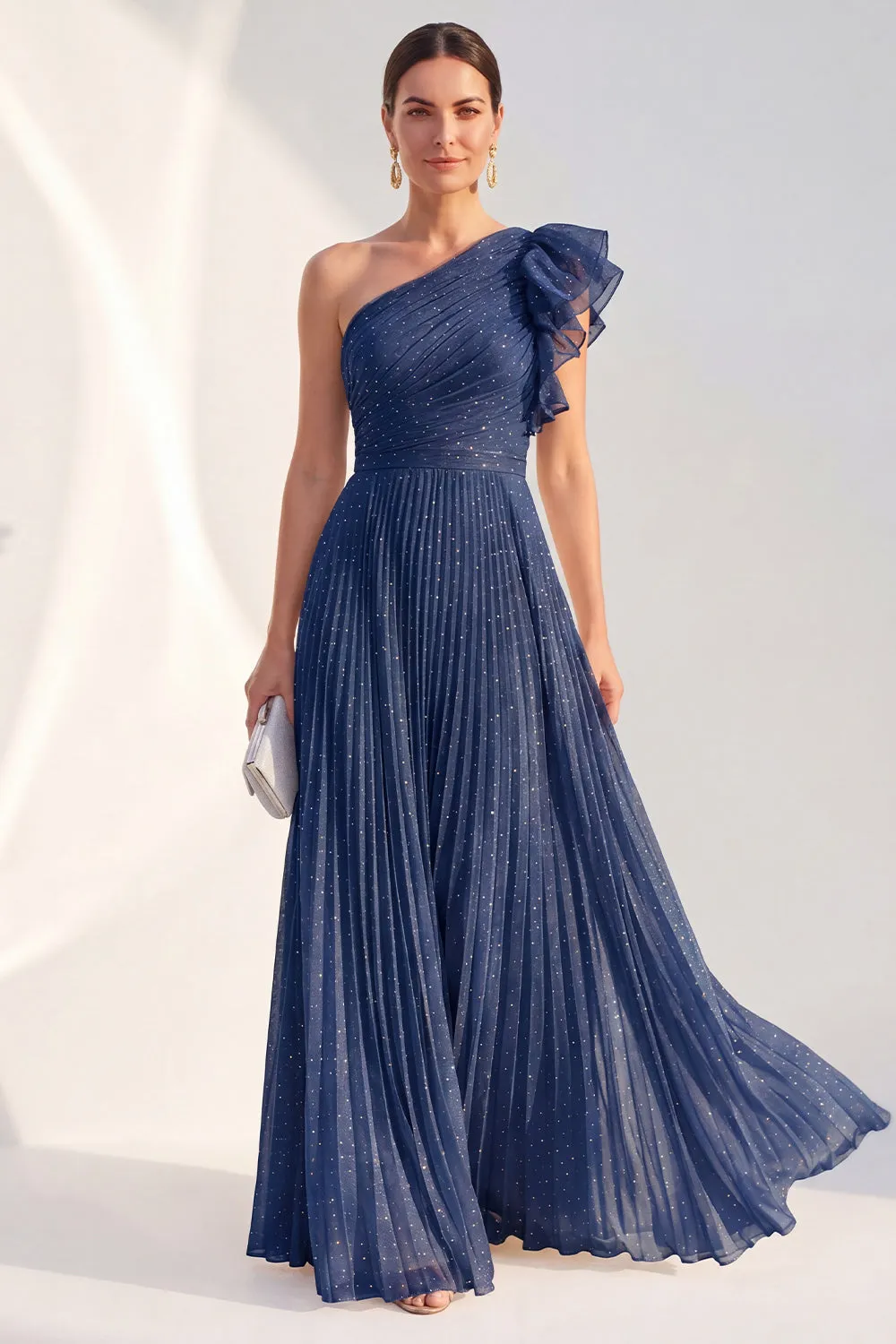 Glitter One Shoulder Pleated Navy Mother of the Bride Dress sold by Wedtrend