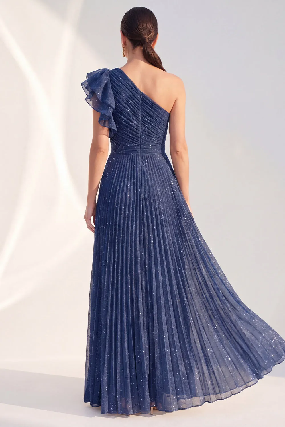 Glitter One Shoulder Pleated Navy Mother of the Bride Dress sold by Wedtrend product image thumbnail 2