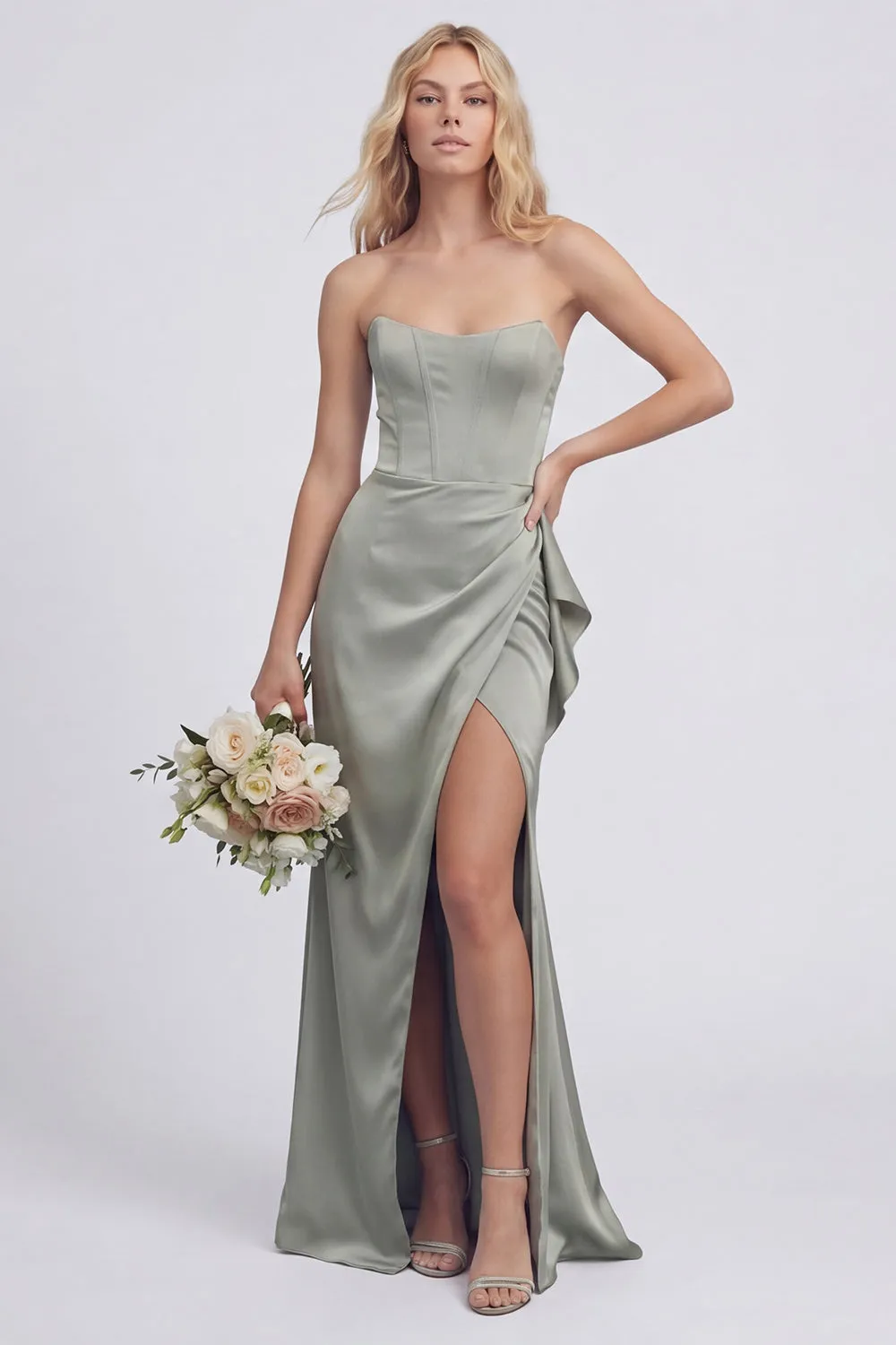 Strapless Corset Mermaid Dusty Sage Bridesmaid Dress with Slit sold by Wedtrend