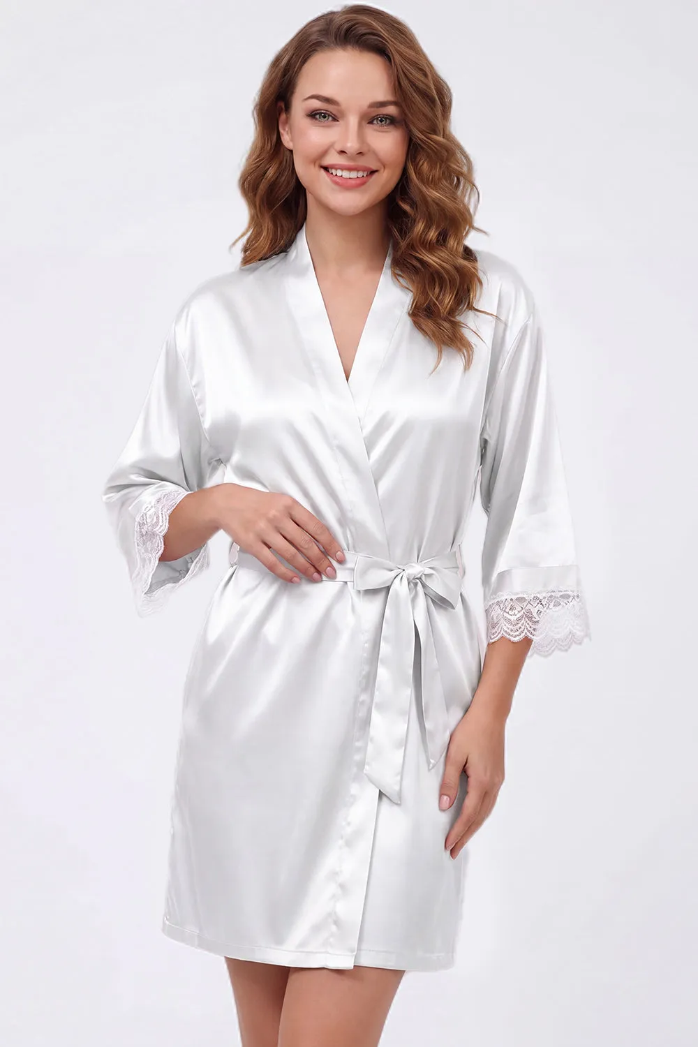 Blush Satin Robe with Lace - Getting Ready Robe for Brides & Bridesmaids sold by Wedtrend product image thumbnail 3