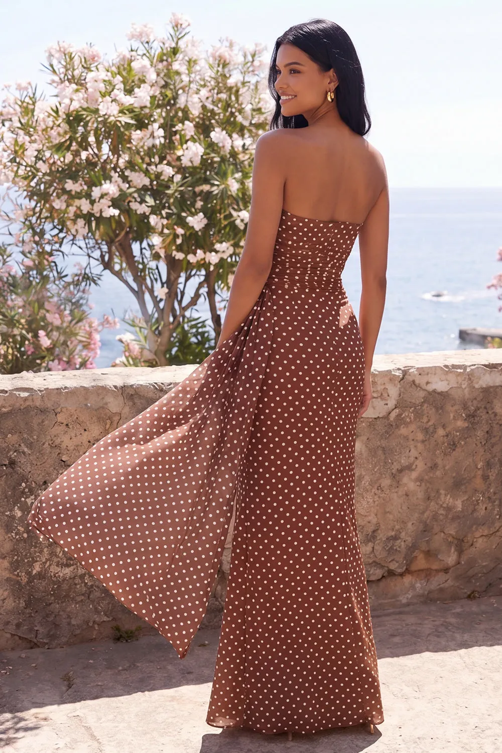 Brown White Polka Dot Strapless Maxi Dress with Sash sold by Wedtrend product image thumbnail 2