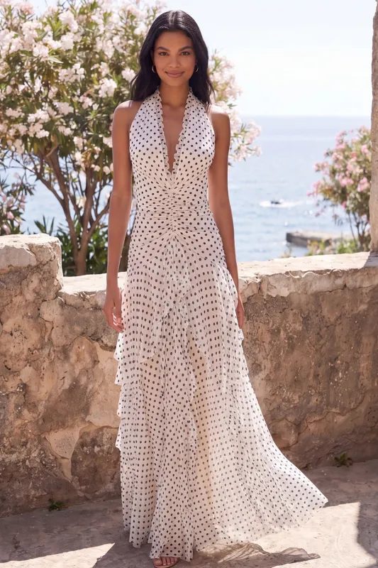 Halter Ruffled White Black Long Polka Dot Dress made by Wedtrend