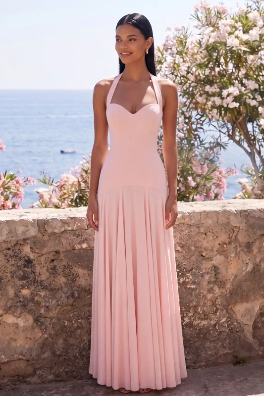 Pink Halter A Line Long Bridesmaid Dress made by Wedtrend