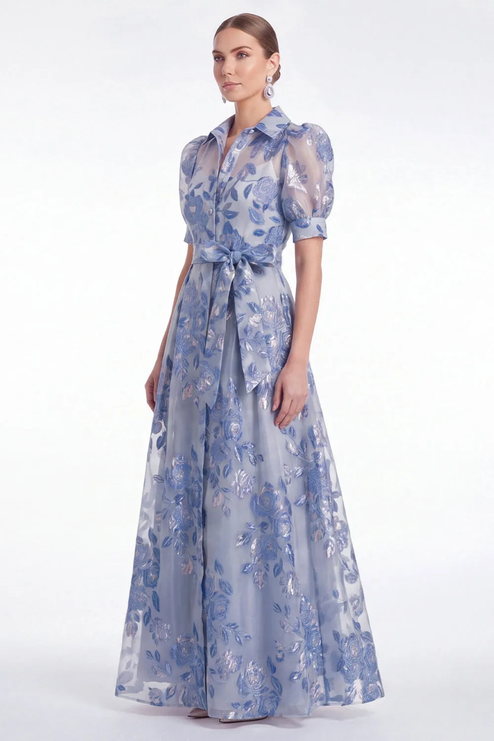 Blue A Line Collar Floral Jacquard Mother of the Bride Dress with Half Sleeves sold by Wedtrend product image thumbnail 3