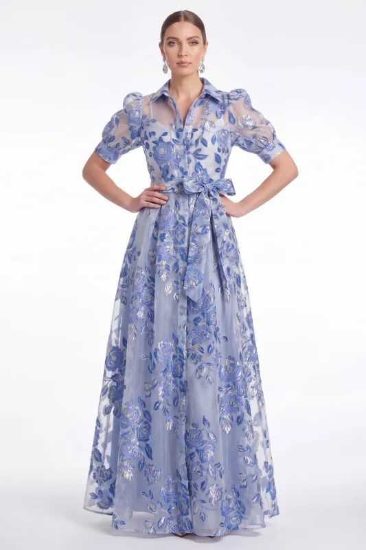 Blue A Line Collar Floral Jacquard Mother of the Bride Dress with Half Sleeves made by Wedtrend