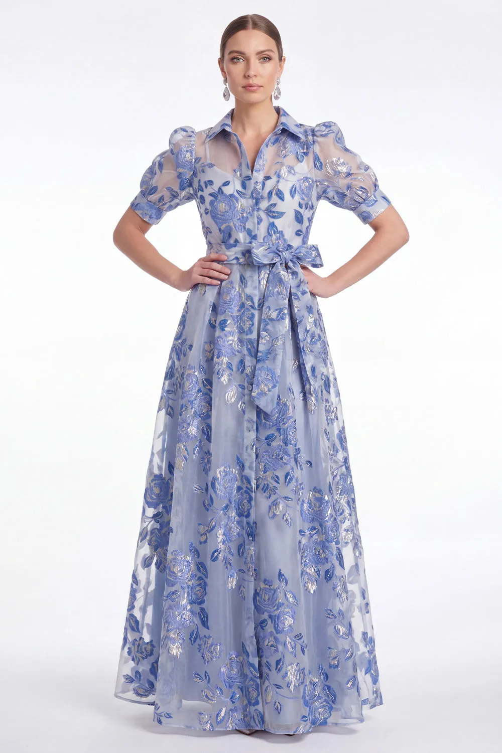 Blue A Line Collar Floral Jacquard Mother of the Bride Dress with Half Sleeves sold by Wedtrend