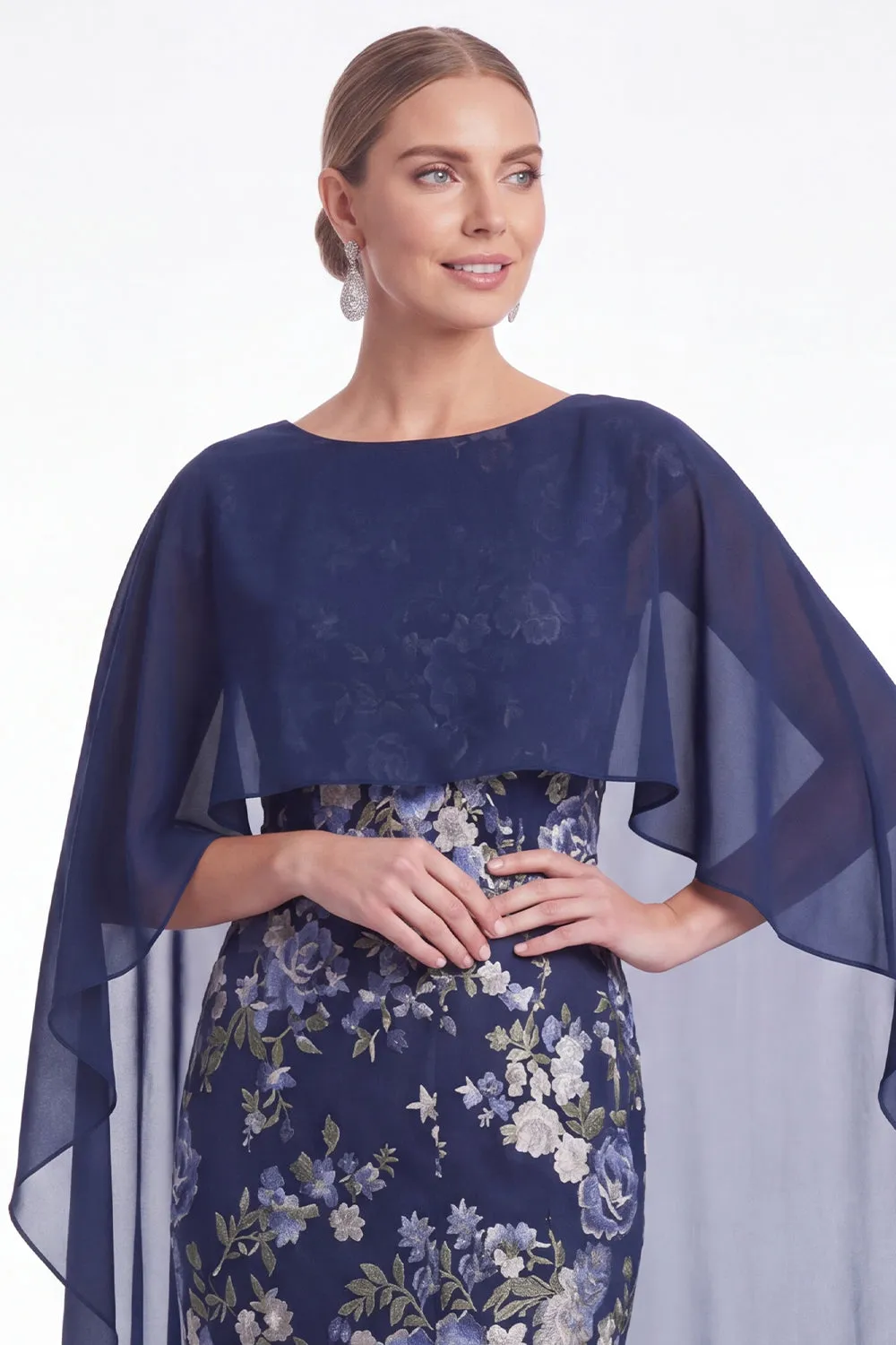 Dark Navy Mermaid Floral Jacquard Mother of the Bride Dress with Cape Sleeves sold by Wedtrend product image thumbnail 4