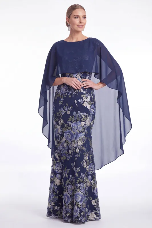 Dark Navy Mermaid Floral Jacquard Mother of the Bride Dress with Cape Sleeves made by Wedtrend