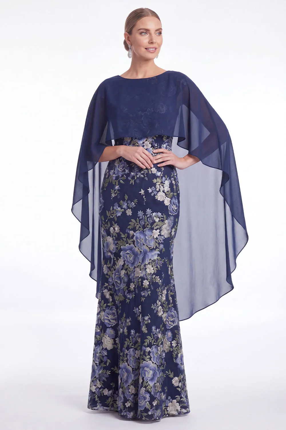Dark Navy Mermaid Floral Jacquard Mother of the Bride Dress with Cape Sleeves sold by Wedtrend