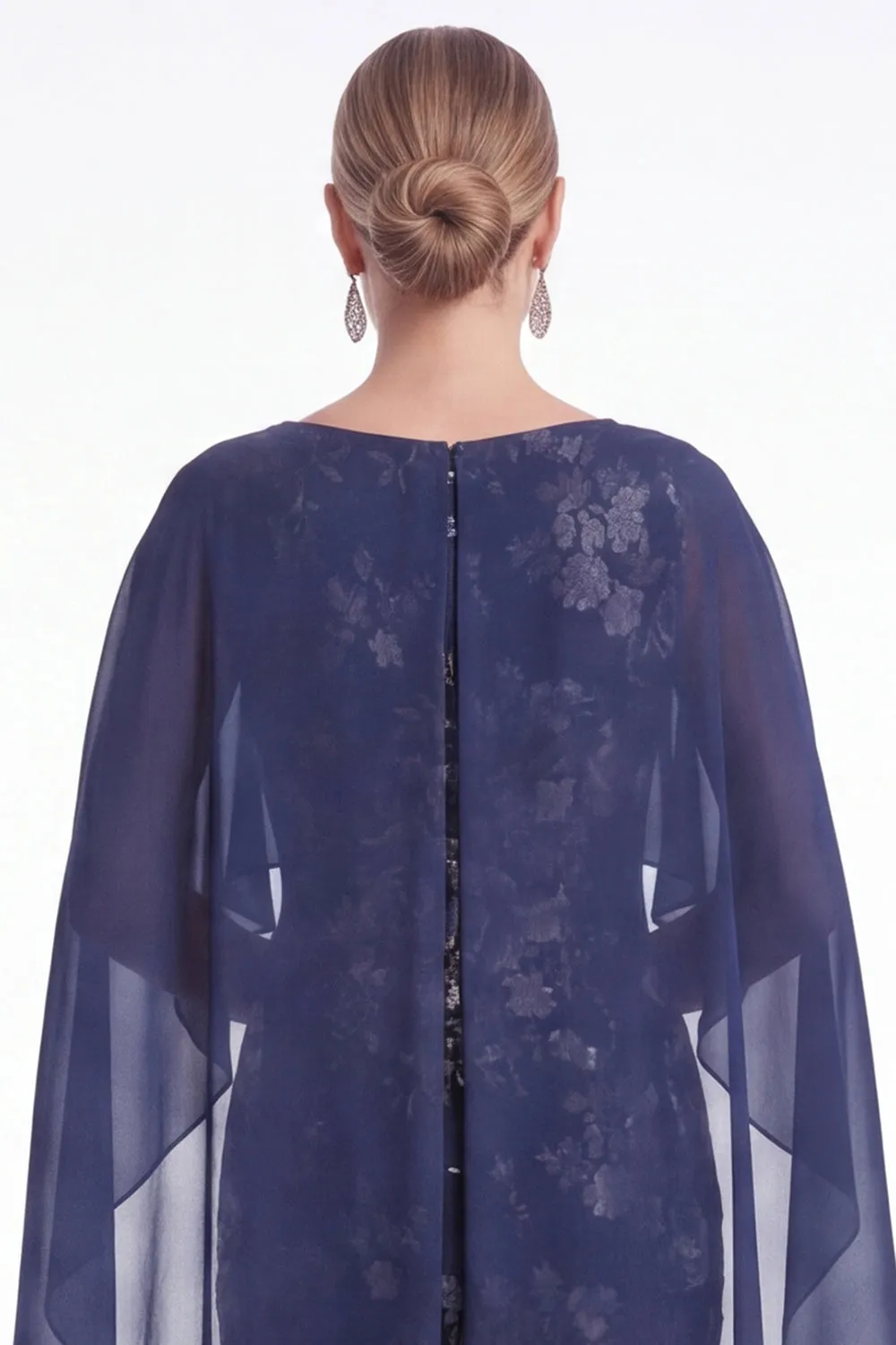 Dark Navy Mermaid Floral Jacquard Mother of the Bride Dress with Cape Sleeves sold by Wedtrend product image thumbnail 5