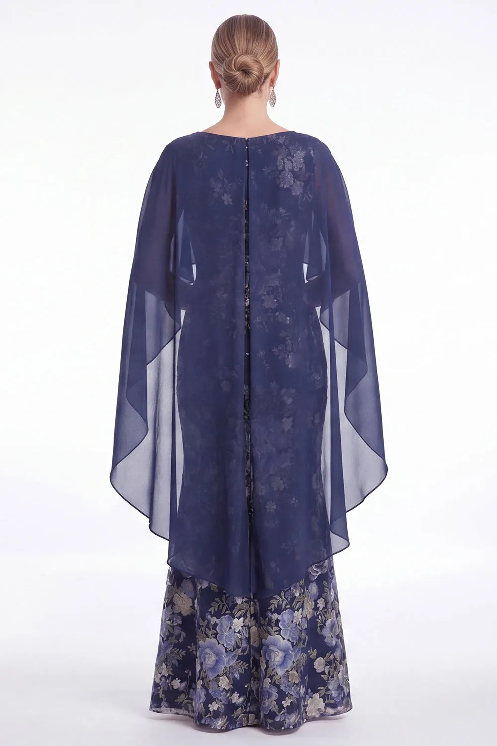 Dark Navy Mermaid Floral Jacquard Mother of the Bride Dress with Cape Sleeves sold by Wedtrend product image thumbnail 2