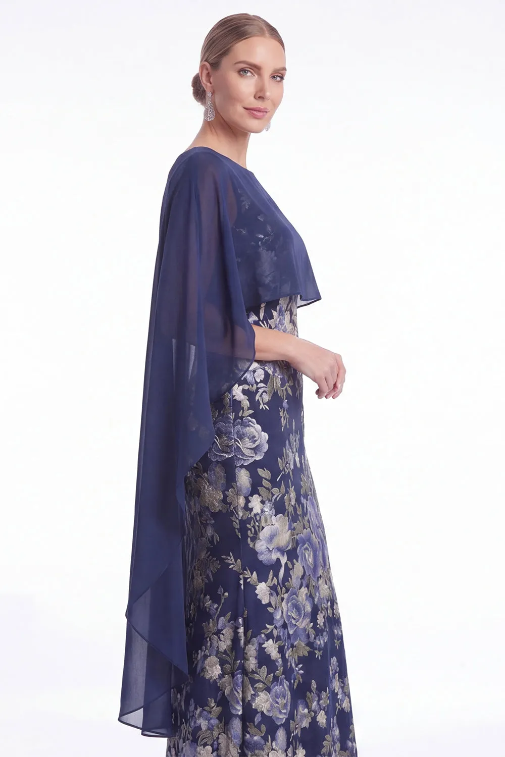 Dark Navy Mermaid Floral Jacquard Mother of the Bride Dress with Cape Sleeves sold by Wedtrend product image thumbnail 3