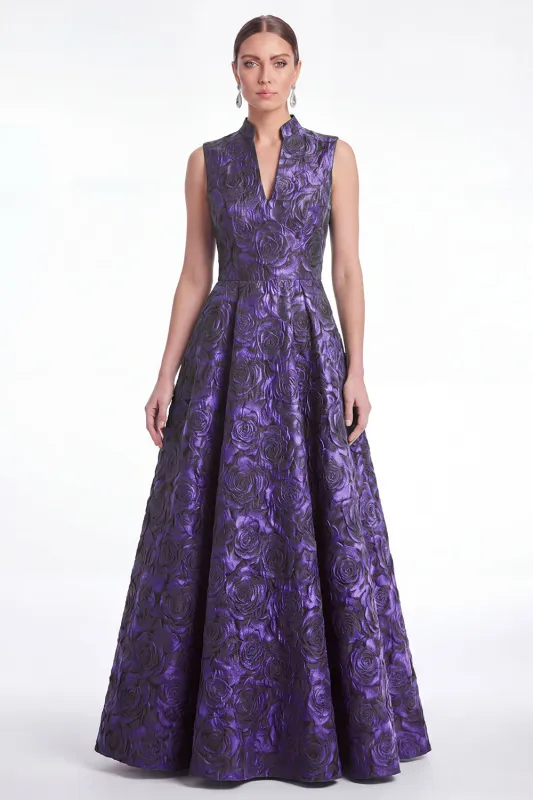Plum A Line Stand Collar V Neck Jacquard Mother of the Bride Dress made by Wedtrend