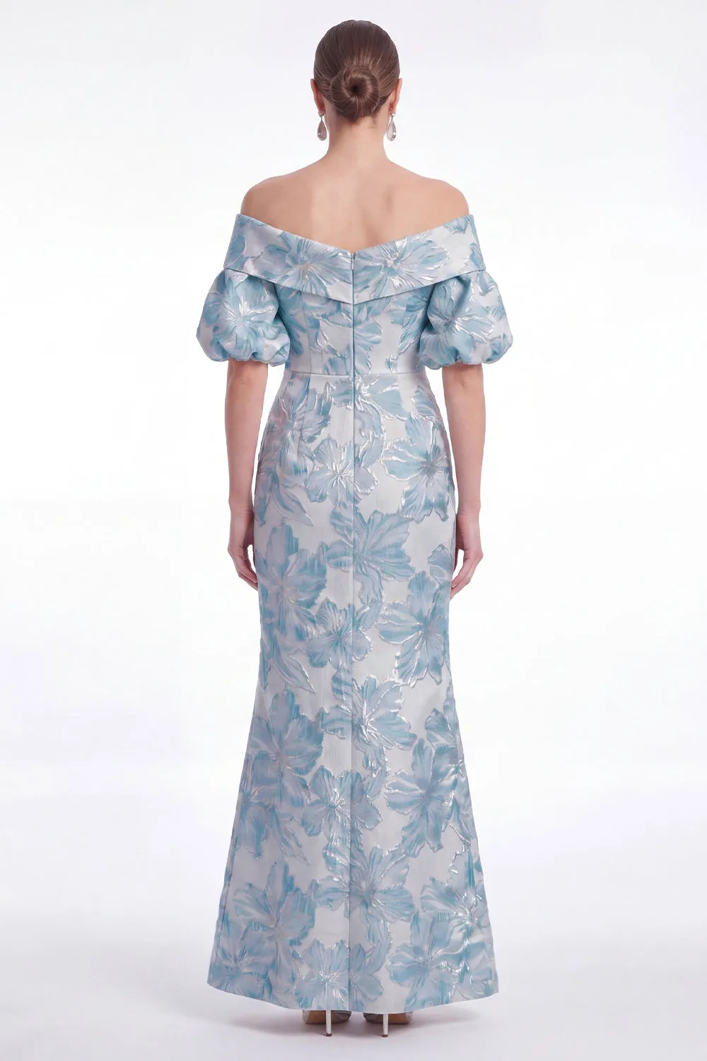 Off the Shoulder Blue Mermaid Floral Jacquard Mother of the Bride Dress with Puff Sleeves sold by Wedtrend product image thumbnail 2