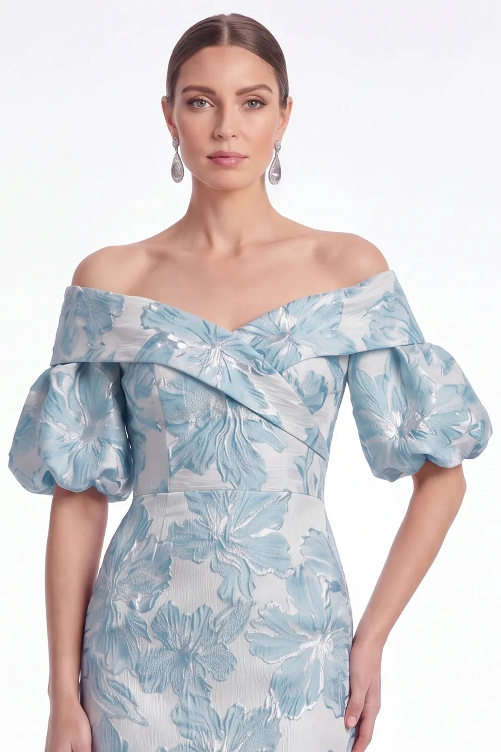 Off the Shoulder Blue Mermaid Floral Jacquard Mother of the Bride Dress with Puff Sleeves sold by Wedtrend product image thumbnail 3