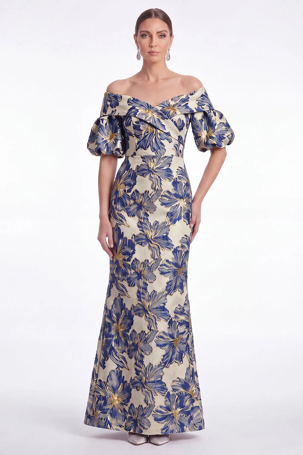 Off the Shoulder Blue Mermaid Floral Jacquard Mother of the Bride Dress with Puff Sleeves sold by Wedtrend product image thumbnail 5