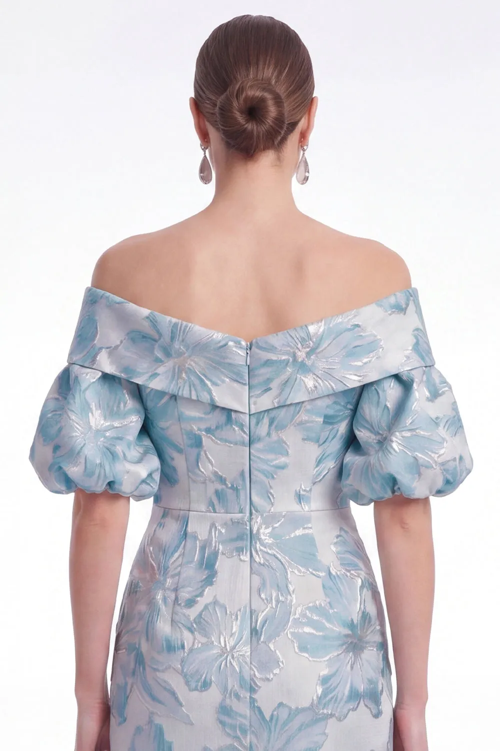 Off the Shoulder Blue Mermaid Floral Jacquard Mother of the Bride Dress with Puff Sleeves sold by Wedtrend product image thumbnail 4