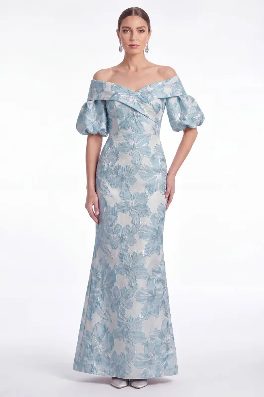 Off the Shoulder Blue Mermaid Floral Jacquard Mother of the Bride Dress with Puff Sleeves made by Wedtrend