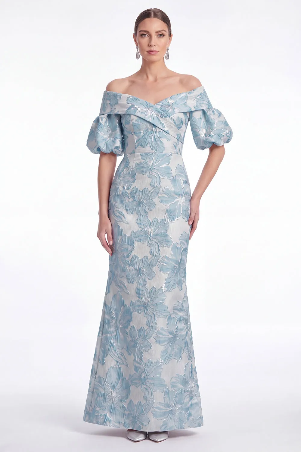 Off the Shoulder Blue Mermaid Floral Jacquard Mother of the Bride Dress with Puff Sleeves sold by Wedtrend