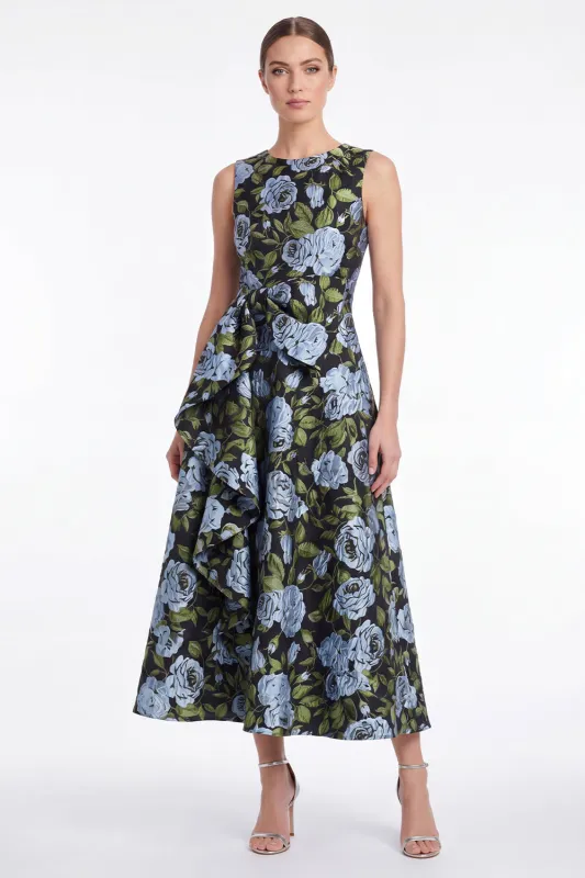 Floral A Line Blue Jacquard Round Neck Midi Mother of the Bride Dress made by Wedtrend
