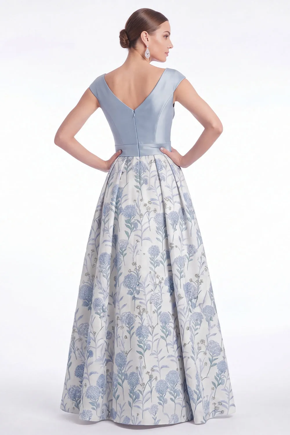 Blue Flower A Line V Neck Ruched Mother of the Bride Dress with Cap Sleeves sold by Wedtrend product image thumbnail 3