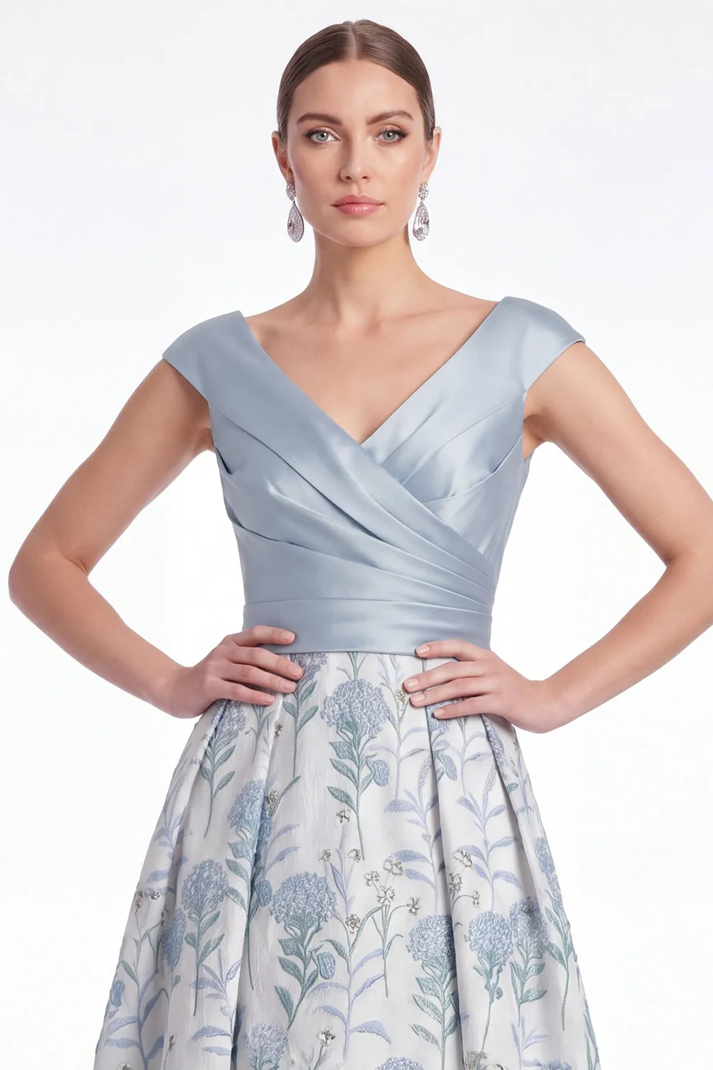 Blue Flower A Line V Neck Ruched Mother of the Bride Dress with Cap Sleeves sold by Wedtrend product image thumbnail 4