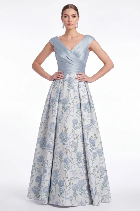 Blue Flower A Line V Neck Ruched Mother of the Bride Dress with Cap Sleeves made by Wedtrend