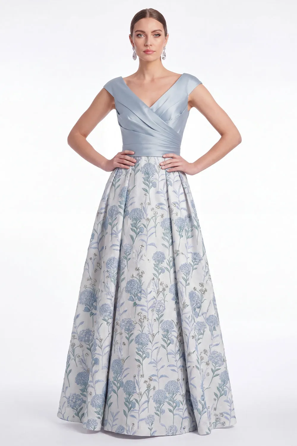 Blue Flower A Line V Neck Ruched Mother of the Bride Dress with Cap Sleeves sold by Wedtrend