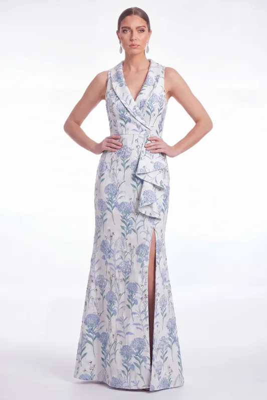 Mermaid Blue Floral Jacquard Shawl Lapel Mother of the Bride Dress with Slit made by Wedtrend
