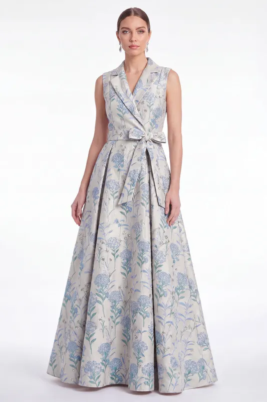Blue Floral Notched Lapel A Line Jacquard Mother of the Bride Dress made by Wedtrend