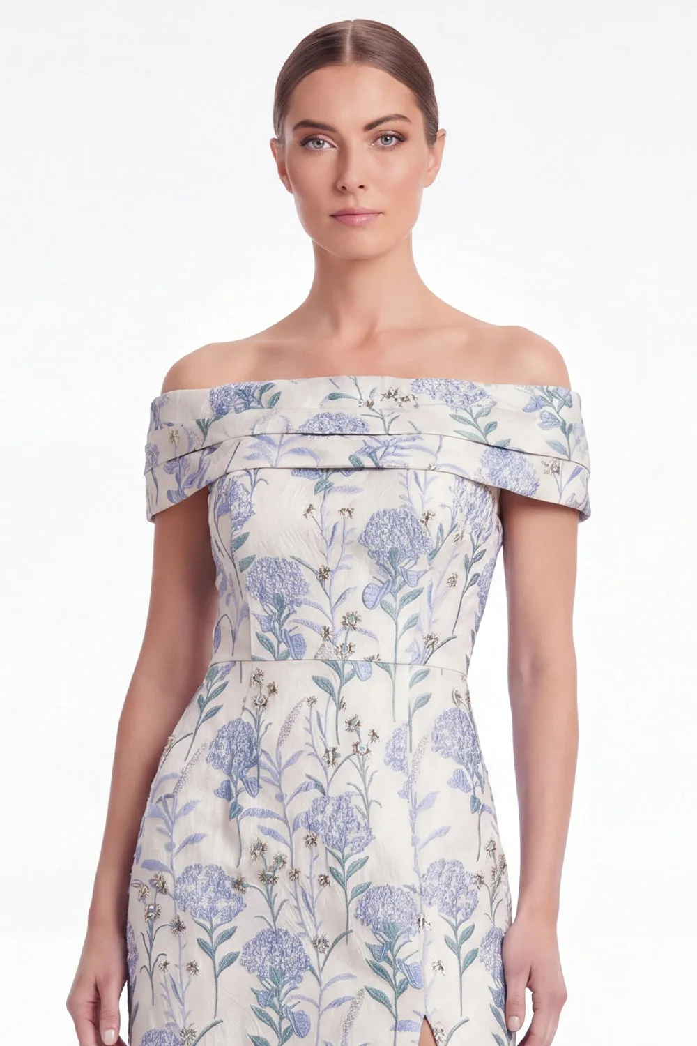 A Line Off the Shoulder Blue Floral Jacquard Mother of the Bride Dress with Slit sold by Wedtrend product image thumbnail 4
