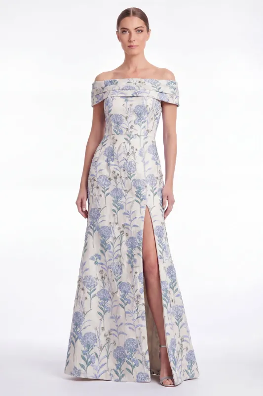 A Line Off the Shoulder Blue Floral Jacquard Mother of the Bride Dress with Slit made by Wedtrend