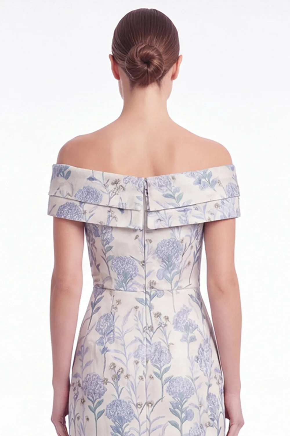 A Line Off the Shoulder Blue Floral Jacquard Mother of the Bride Dress with Slit sold by Wedtrend product image thumbnail 5