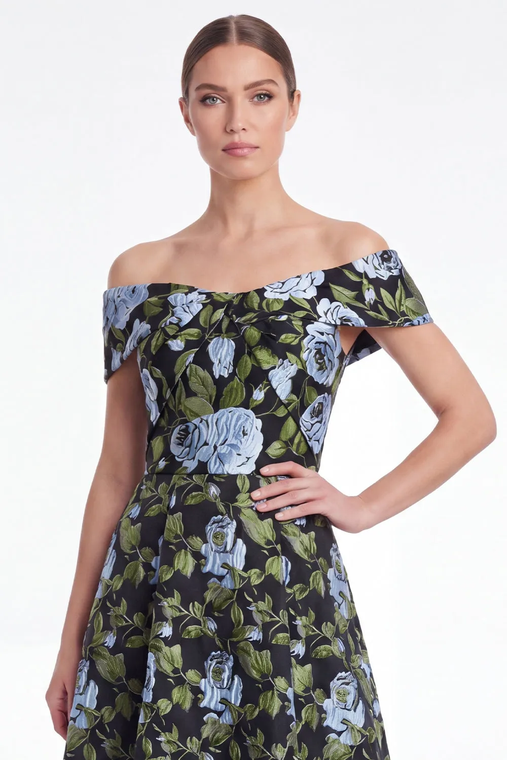 Blue Floral Jacquard Off the Shoulder A Line Mother of the Bride Dress sold by Wedtrend product image thumbnail 4