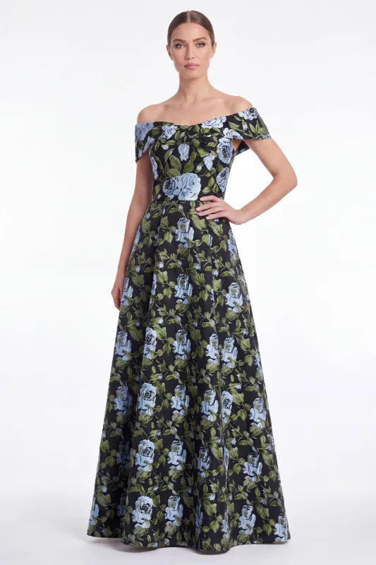 Blue Floral Jacquard Off the Shoulder A Line Mother of the Bride Dress made by Wedtrend