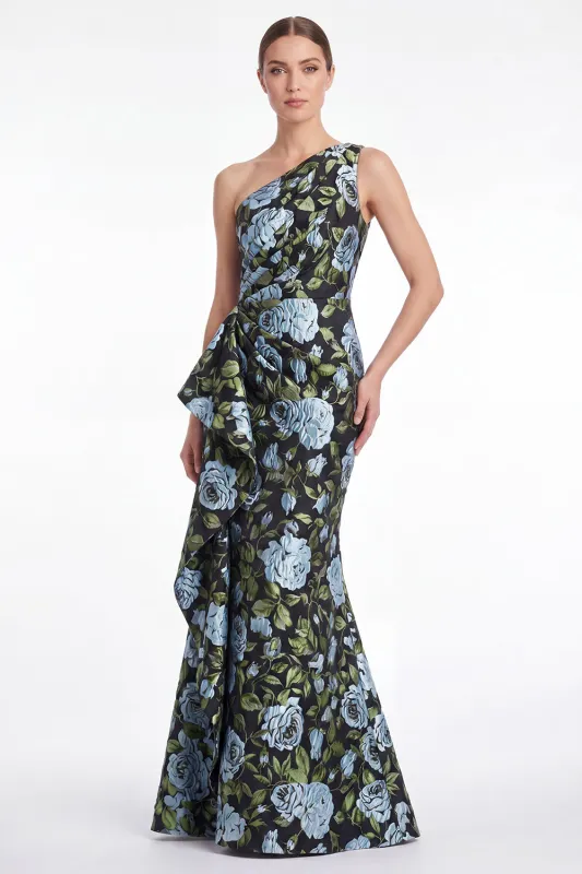 One Shoulder Mermaid Blue Floral Jacquard Mother of the Bride Dress made by Wedtrend