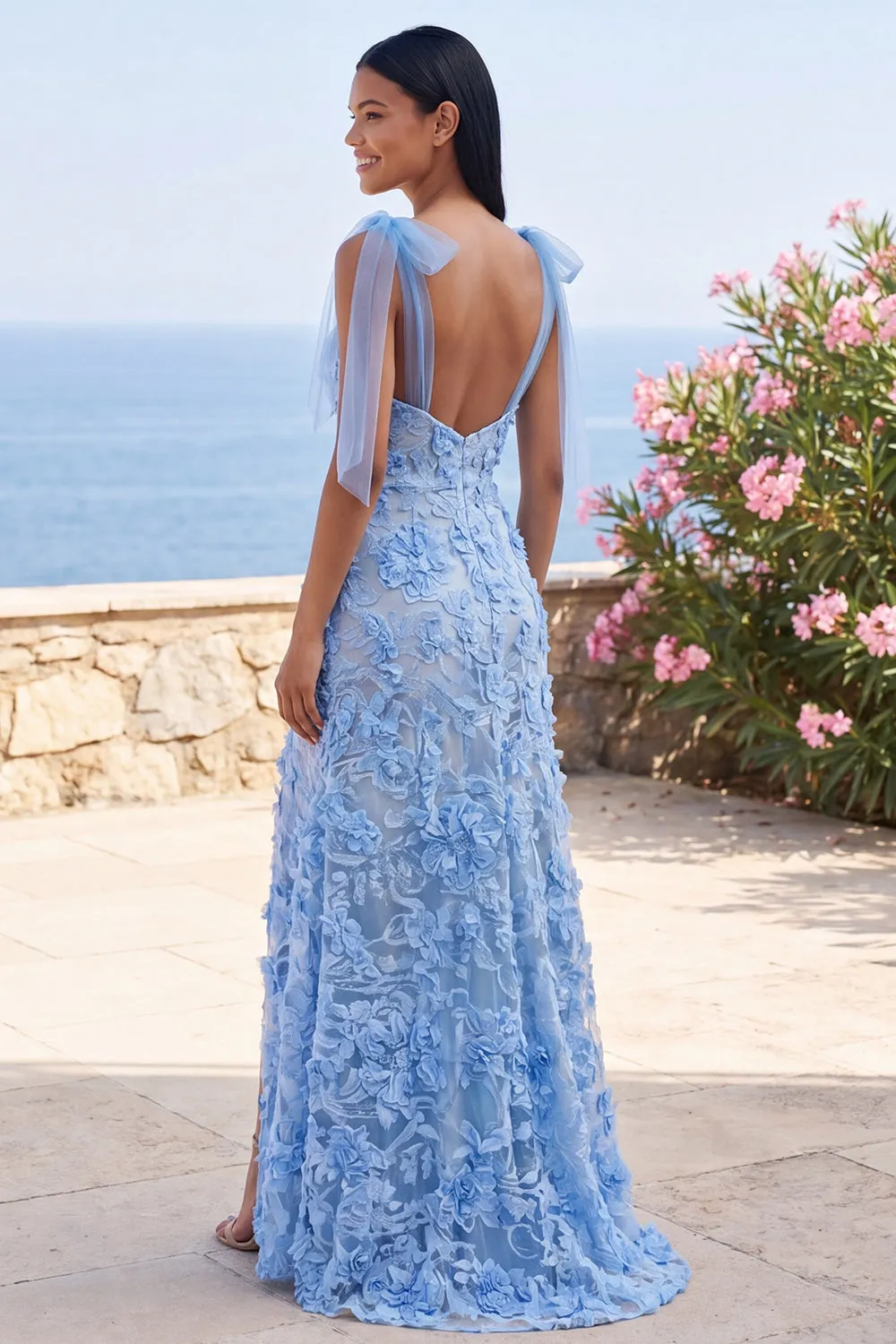 Floral Applique Blue Long Wedding Guest Dress with Slit sold by Wedtrend product image thumbnail 2