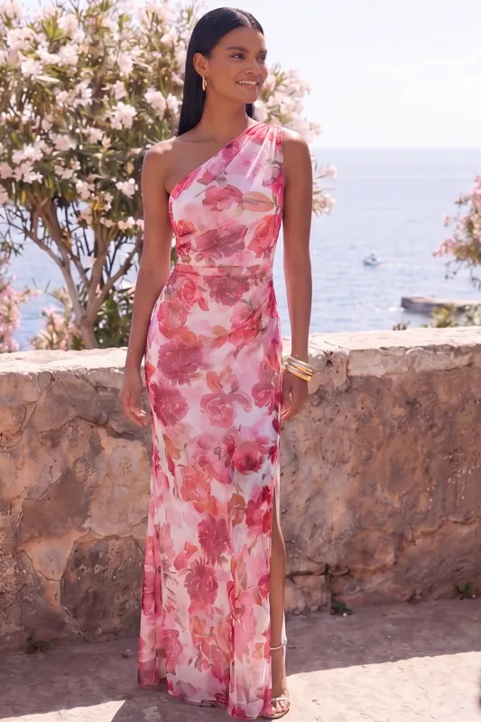 Pink Floral One Shoulder Mermaid Wedding Guest Dress with Slit made by Wedtrend