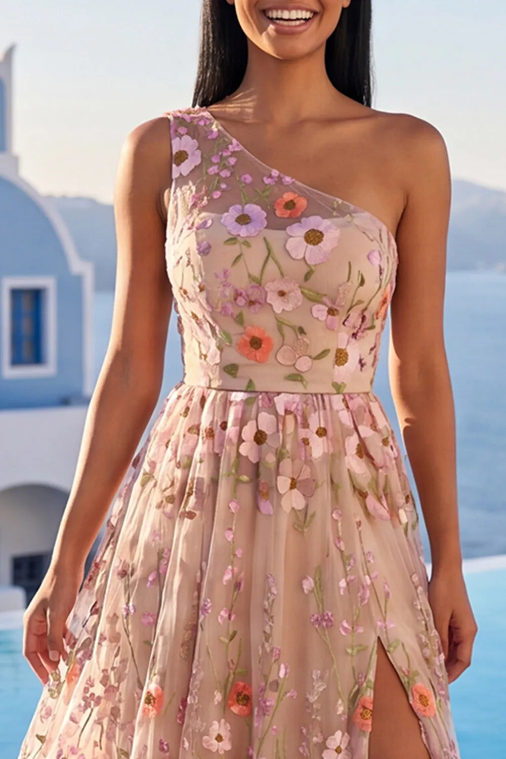 Champagne One Shoulder Floral Wedding Guest Dress with Slit sold by Wedtrend product image thumbnail 3