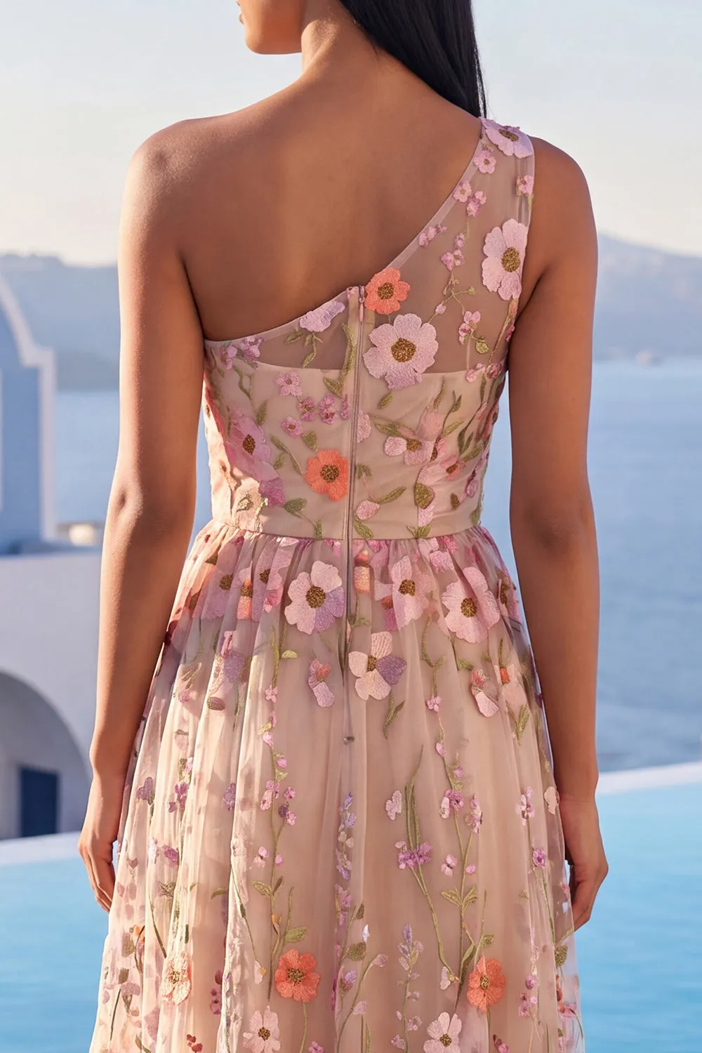 Champagne One Shoulder Floral Wedding Guest Dress with Slit sold by Wedtrend product image thumbnail 4