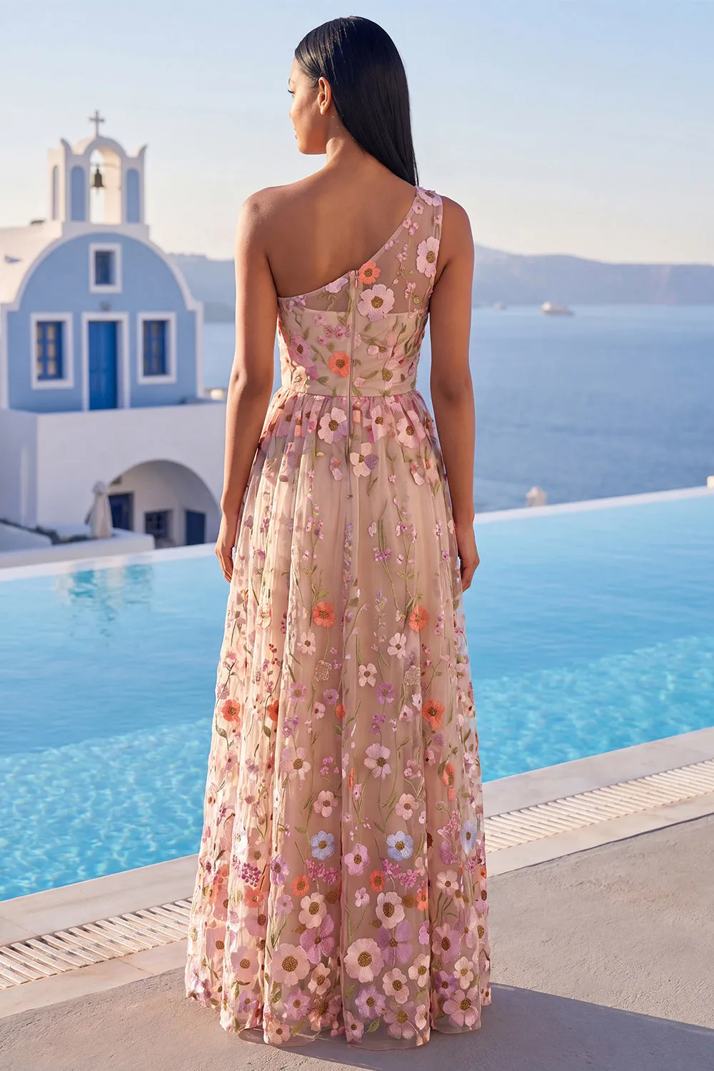 Champagne One Shoulder Floral Wedding Guest Dress with Slit sold by Wedtrend product image thumbnail 2