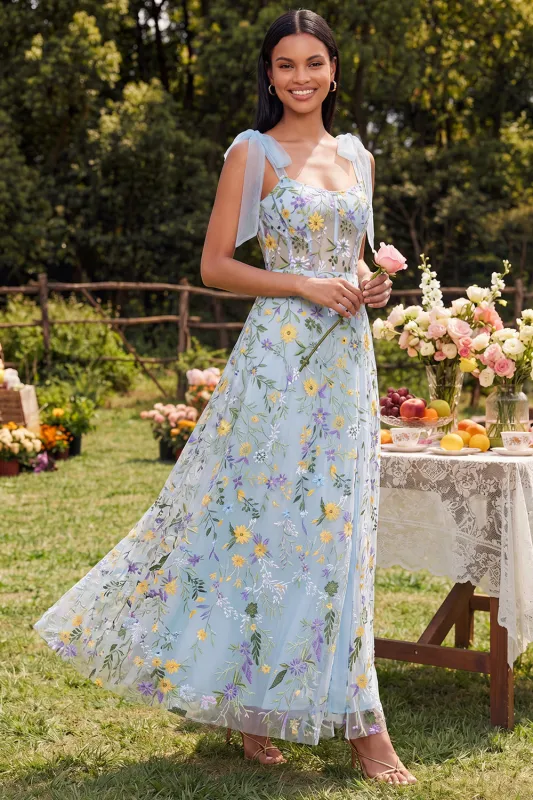 Blue Flower Corset A Line Wedding Guest Dress made by Wedtrend