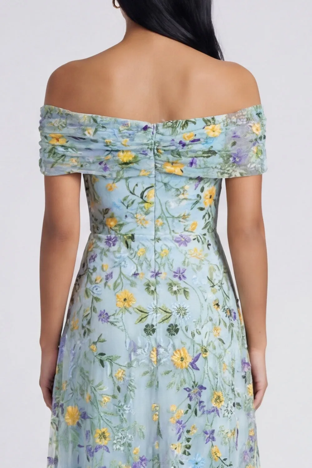 Off the Shoulder Blue A Line Floral Wedding Guest Dress sold by Wedtrend product image thumbnail 5